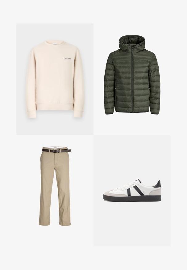 Padded jakna u maslinastoj boji, s kapuljačom, punim zatvaračem i horizontalno kvasenjem. Džepovi sa strane. Crni rub i manžetne.; Bež dukserica s okruglim izrezom, dugim rukavima, rebrastim manžetama, i izvezenim natpisom "Club1990" sprijeda u tamnoj boji.; Bež pamučne hlače ravnog kroja, s petljama za remen, smeškim kožnim remenom i klasičnim dizajnom. Glatka, čvrsta tekstura.; Bijele tenisice s crnim i sivim detaljima, s teksturiranim sivim zaštitnikom prstiju, crnim gumene potplate i ravnim bijelim vezicama. Čist dizajn, minimalistički stil.