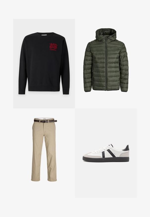 Olíva zöld párnázott kabát, kapucnival, teljes cipzárral és vízszintes steppelt textúrával. Két oldalsó zseb. Fekete szegély és mandzsetta.; Fekete pulóver hosszú ujjakkal, kerek nyakkivágással, bordás mandzsettákkal és aljjal. Piros logó felirat található a mellkason. Puha anyagból készült.; Beige pamut nadrág egyenes szabással, övhurkokkal, barna bőr övvel és klasszikus dizájnnal. Simább, strapabíró textúra.; Fehér sneaker fekete és szürke részletekkel, textúrált szürke orr résszel, fekete gumitalppal és lapos fehér fűzőkkel. Tiszta dizájn, minimalista stílus.