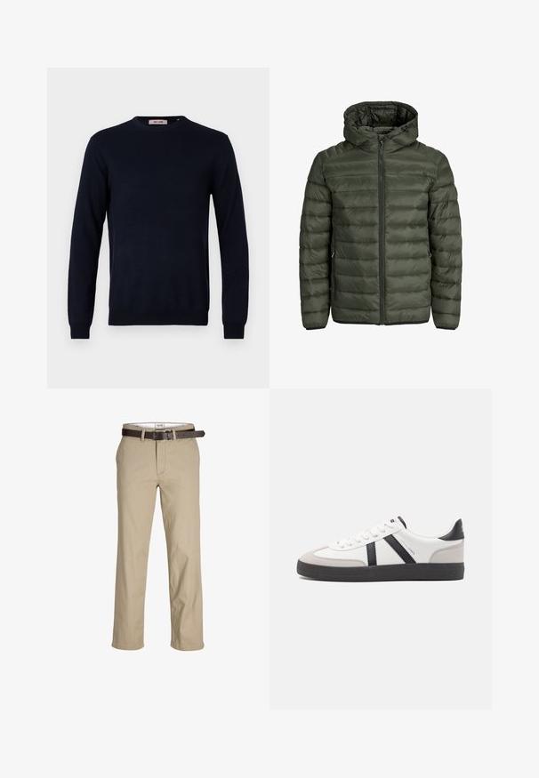 Olivegrüne gepolsterte Jacke mit Kapuze, durchgehendem Reißverschluss und horizontaler Steppoptik. Zwei Seitentaschen. Schwarzer Saum und Bündchen.; Marineblauer Rundhals-Pullover aus einem glatten Strickstoff, mit langen Ärmeln und gerippten Bündchen und Saum. Minimalistisches Design ohne Muster.; Beige Baumwollhosen mit geradem Schnitt, ausgestattet mit Gürtelschlaufen, einem braunen Ledergürtel und einem klassischen Design. Glatte, robuste Textur.; Weiße Sneaker mit schwarz- und grau-aczenten, ausgestattet mit einer strukturierten grauen Zehenkappe, schwarzer Gummi-Sohle und flachen weißen Schnürsenkeln. Sauberes Design, minimalistische Stil.