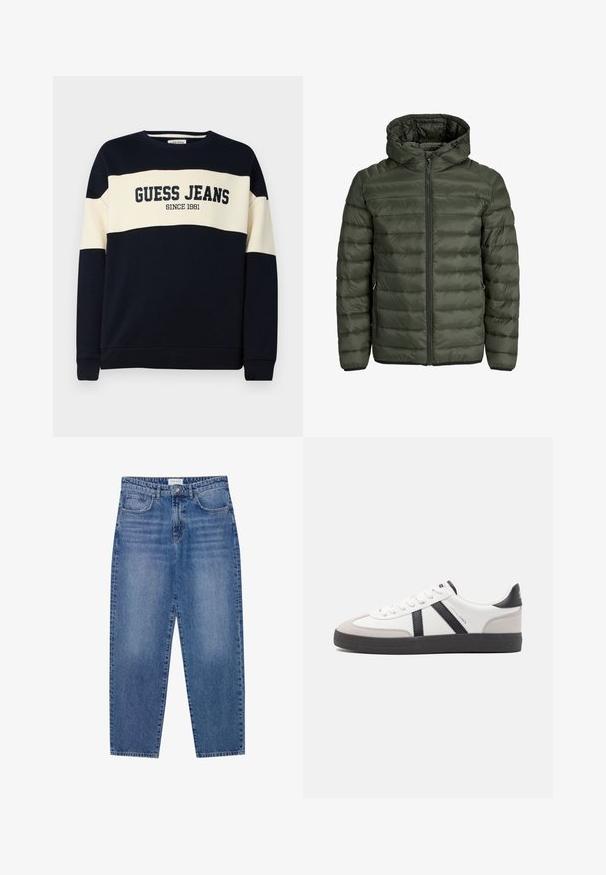 Vaatteet puhallettu takki oliivinvihreänä, jossa on huppu, vetoketju edessä ja vaaka-omenapintainen rakenne. Kaksi sivutaskua. Musta helma ja hihansuut.; Laivastonhuppari, jossa on vaaleanruskea vaakaraita, sisältää "GUESS JEANS" -tekstin ja "SINCE 1981" -yksityiskohdan. Valmistettu pehmeästä puuvillamateriaalista.; Sininen farkut korkealla vyötäröllä, suora lahje ja haalistunut viimeistely. Sisältää viisi taskua ja nappikiinnityksen.; Valkoiset lenkkarit mustilla ja harmailla yksityiskohdilla, joissa on teksturoitu harmaa kärki, musta kumipohja ja litteät valkoiset nauhat. Siisti muotoilu, minimalistinen tyyli.