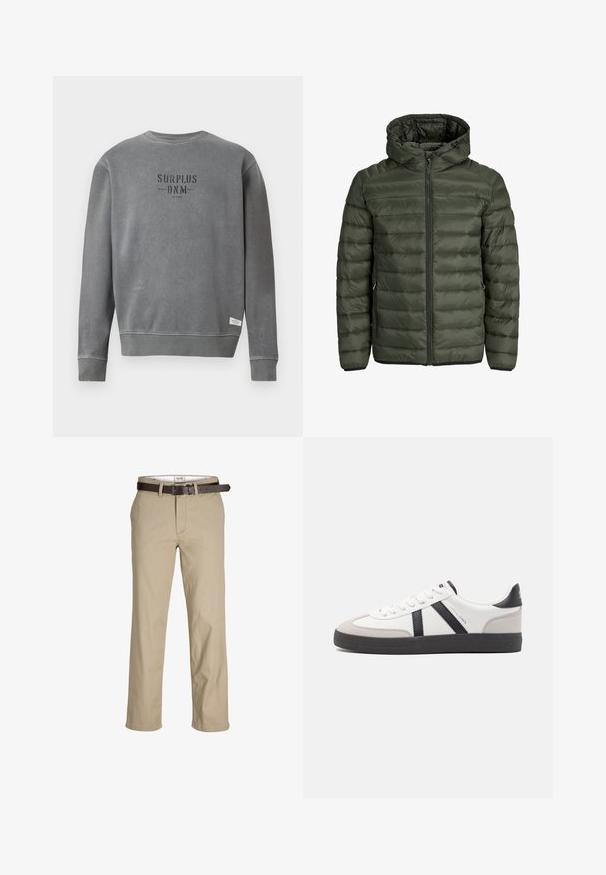 Chaqueta acolchada en verde oliva, con capucha, cierre de cremallera completa y textura acolchada horizontal. Dos bolsillos laterales. Ribete y puños negros.; Sudadera gris de manga larga con cuello redondo, con el texto "SURPLUS DNM" impreso en negro en el pecho y una pequeña etiqueta blanca cerca del dobladillo.; Pantalones de algodón beige de corte recto, con presillas para cinturón, un cinturón de cuero marrón y un diseño clásico. Textura suave y resistente.; Zapatilla blanca con acentos en negro y gris, que presenta una puntera texturizada en gris, suela de goma negra y cordones planos blancos. Diseño limpio, estilo minimalista.