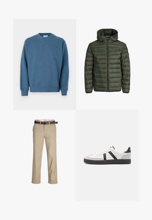 Polstret jakke i olivengrøn med hætte, fuld lynlås og horisontalt quiltet struktur. To sidelommer. Sort søm og manchetter.; Blå bomuldstrøje med rund halsudskæring, ribbede manchetter og lige kant. Har en glat tekstur og en afslappet pasform.; Beige bomuldsbukser med lige snit, udstyret med bæltestropper, et brunt læderbælte og et klassisk design. Glat, robust tekstur.; Hvide sneakers med sorte og grå detaljer, med en tekstureret grå tåhætte, sort gummisål og flade hvide snørebånd. Rent design, minimalistisk stil.