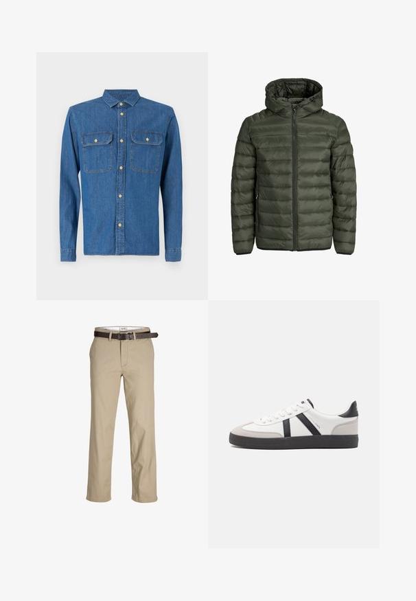 Jachetă căptușită de culoare verde măsliniu, cu glugă, închidere cu fermoar pe întreaga lungime și textură matlasată orizontal. Două buzunare laterale. Margine și manșete negre.; Cămașă din denim de culoare albastru închis, cu mâneci lungi și mansete cu nasturi, guler ascuțit, două buzunare pe piept și închidere frontală cu nasturi cu detalii aurii.; Pantaloni din bumbac bej, cu croi drept, având brătuțe pentru curea, o curea din piele maro și un design clasic. Textură netedă și rezistentă.; Sneaker alb cu accente negre și gri, având un capac de vârf gri texturat, talpă din cauciuc negru și șireturi plate albe. Design elegant, stil minimalist.