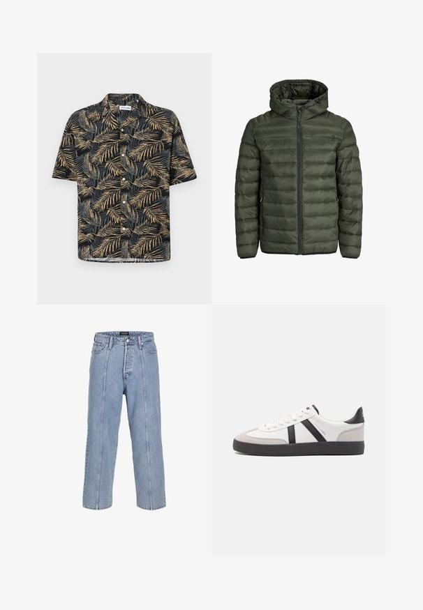Giubbotto imbottito verde oliva, dotato di cappuccio, chiusura con zip intera e texture trapuntata orizzontale. Due tasche laterali. Orlo e polsini neri.; Camicia a maniche corte in tessuto nero con motivo di foglie di palma in oro e beige, con colletto classico e chiusura a bottoni.; Jeans in denim blu chiaro con una vestibilità ampia, gambe larghe e dettagli di cucitura visibili. Presenta una chiusura con bottone e zip, cinque tasche.; Sneaker bianco con accenti neri e grigi, dotata di una punta grigia testurizzata, suola in gomma nera e lacci bianchi piatti. Design pulito, stile minimalista.