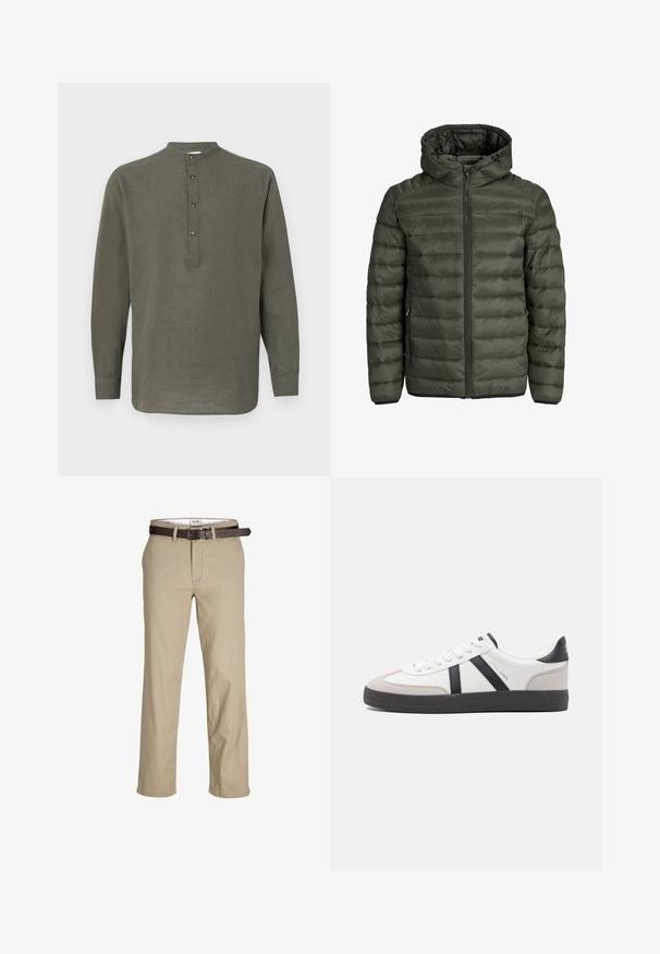 Olīvzaļā spilvenotā jaka ar kapuci, pilnu rāvējslēdzi un horizontālu kviltētu tekstūru. Divas sānu kabatas. Melna apakša un piedurknes.; Zaļš lins ar garām piedurknēm krekls ar stāvošu apkakli, piecu pogu aizdare un taisna apmale. Viegls audums un ikdienišķs dizains.; Beige kokvilnas bikses ar taisnu griezumu, ar jostu cilpiņām, brūnu ādas jostu un klasisku dizainu. Gluda, izturīga tekstūra.; Baltas sneakeris ar melniem un pelēkiem akcentiem, kuram ir teksturēts pelēks purngals, melna gumijas zole un plakanas baltas šņores. Tīrs dizains, minimālisma stils.