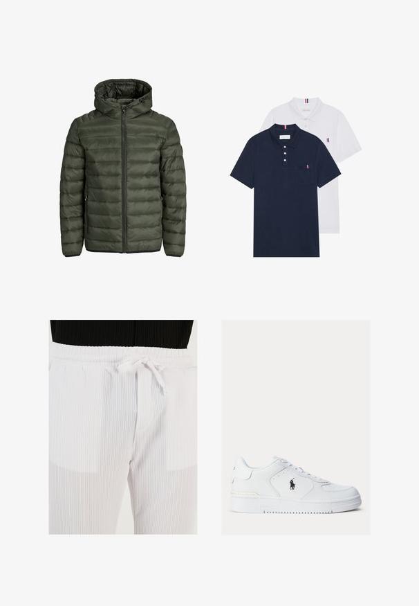 Žalia alyvuogių spalvos pūkinė striukė su kapišonu, pilnu užtrauktuku ir horizontaliu siuvinėtu raštu. Du šoniniai kišeniai. Juodas apvadas ir rankogaliai.; Du keturių marškiniai: vienas tamsiai mėlynas ir vienas baltas, abu su mažais raudonais, baltais ir mėlynais akcentais ant krūtinės kišenės ir apykaklės.; Buratti Kelnės - white; Balti odiniai sportbačiai su tekstūruotais šonais, apvaliu priekiu ir perforacijomis. Yra juodas logotipas, raištelių užsegimas ir storas guminis padas.