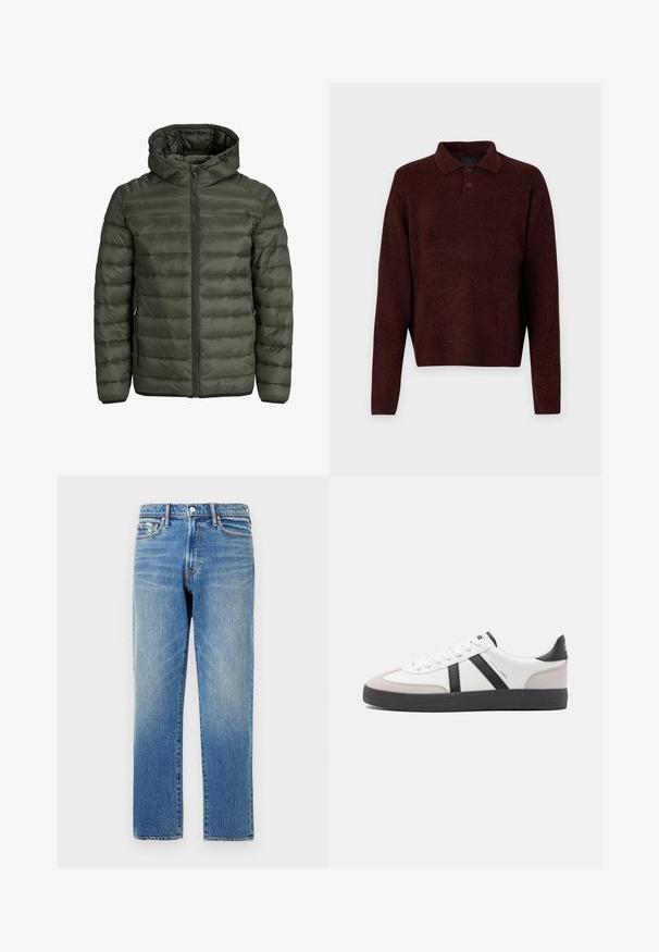 Olīvzaļā spilvenotā jaka ar kapuci, pilnu rāvējslēdzi un horizontālu kviltētu tekstūru. Divas sānu kabatas. Melna apakša un piedurknes.; Brūns adīts džemperis ar polo apkakli, trīs pogām pie kakla un garām piedurknēm. Mīksta tekstūra, ribota apakšmala un piedurkņu gali.; Gaiši zili džinsi ar taisnu piegriezumu, ar augstu jostasvietu, vieglu izbalēšanu un šuvju detalizāciju kabatās un jostasvietā.; Baltas sneakeris ar melniem un pelēkiem akcentiem, kuram ir teksturēts pelēks purngals, melna gumijas zole un plakanas baltas šņores. Tīrs dizains, minimālisma stils.