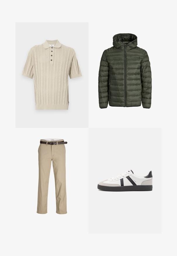 Žalia alyvuogių spalvos pūkinė striukė su kapišonu, pilnu užtrauktuku ir horizontaliu siuvinėtu raštu. Du šoniniai kišeniai. Juodas apvadas ir rankogaliai.; Smėlio spalvos nertas polo marškinėlis trumpomis rankovėmis, pasižymintis pynėmis, trimis mygtukais priekyje ir gプレbus pabaiga ir rankogaliais.; Šviesiai rudos medvilnės kelnės su tiesia kirpimo, su diržo kilpomis, rudu odiniu diržu ir klasikiniu dizainu. Lygus, tvirtas audinys.; Balti sportbačiai su juodais ir pilkais akcentais, pasižymintys tekstūruotu pilku pirštų dangteliu, juoda gumine padais ir plokščiomis baltomis raišteliais. Švarus dizainas, minimalistinis stilius.