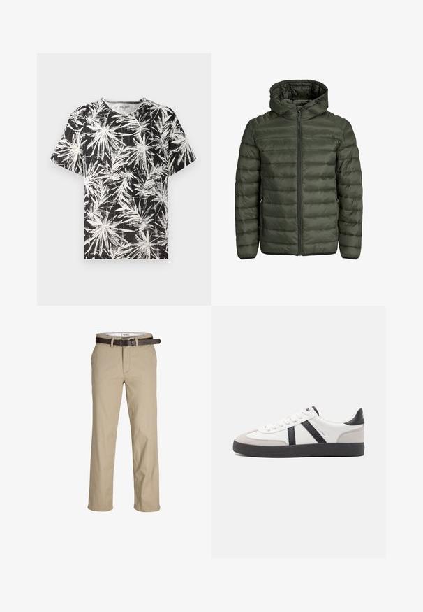 Polstret jakke i olivengrøn med hætte, fuld lynlås og horisontalt quiltet struktur. To sidelommer. Sort søm og manchetter.; Sort t-shirt med et hvidt abstrakt palmeblad mønster, korte ærmer og rund halsudskæring, lavet af letvægts bomuldsstof.; Beige bomuldsbukser med lige snit, udstyret med bæltestropper, et brunt læderbælte og et klassisk design. Glat, robust tekstur.; Hvide sneakers med sorte og grå detaljer, med en tekstureret grå tåhætte, sort gummisål og flade hvide snørebånd. Rent design, minimalistisk stil.