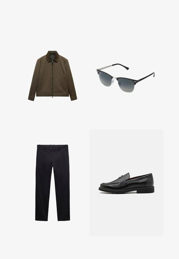 Giacca verde oliva con una texture liscia e opaca. Presenta una chiusura con zip, colletto e due tasche frontali. Design semplice e dritto.; Maglione beige lavorato a maglia con girocollo, polsini e orlo a coste. Presenta una finitura testurizzata e maniche raglan. Vestibilità classica.; Pantaloni neri realizzati in tessuto leggero. Presentano gambe dritte, passanti per cintura, chiusura con bottone e tasche. Tessuto liscio senza pattern.; Mocassini sintetici neri con una spessa cucitura frontale, soletta imbottita e suola piatta in gomma; design elegante con dettagli minimi.; Occhiali da sole neri e argento con forma a occhio di gatto, lenti sfumate e dettagli metallici sulla montatura. Aste in plastica con punte grigie.