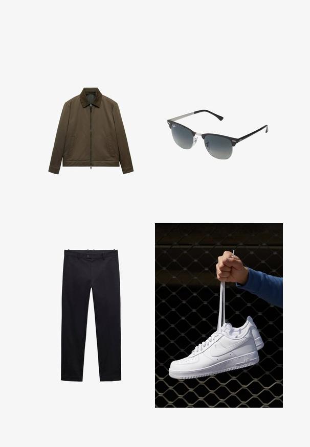 Oliven grøn jakke med en glat, mat tekstur. Har en lynlås lukning, krave og to forlommer. Enkel, lige snit design.; Beige strikket sweater med rund hals, ribbestrikkede manchetter og kant. Har en struktureret overflade og raglanærmer. Klassisk pasform.; Sorte bukser lavet af let stof. Har lige ben, bæltestropper, knaplukning og lommer. Glat tekstur uden mønstre.; Hvide lædersneakers med perforeringer, rund tå, flad sål og tykke snørebånd, med et synligt swoosh-logo og "AIR" på hælen.; Sorte og sølv solbriller med katteøje-form, gradient linser og metalliske detaljer på rammen. Plastiske arme med grå spidser.