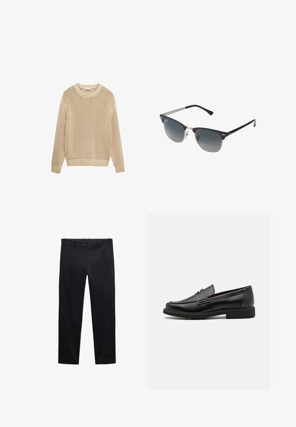 Jachetă de culoare verde măsliniu cu o textură netedă, mată. Dispune de închidere cu fermoar, guler și două buzunare frontale. Design simplu, cu croi drept.; Pulover tricotat în bej, cu o țesătură largă, decolteu rotund, mâneci lungi și manșete și tiv ribbed. Model texturat pe întreaga suprafață.; Pantaloni negri dintr-un material ușor. Au picioare drepte, curea, închidere cu nasture și buzunare. Textură netedă, fără modele.; Mocasini negri din material sintetic, cu un vârf cusut proeminent, interior căptușit și talpă plată din cauciuc; design elegant cu detalii minime.; Ochelari de soare negri și argintii cu o formă cat-eye, lentile cu gradient și accente metalice pe ramă. Brațe din plastic cu vârfuri gri.