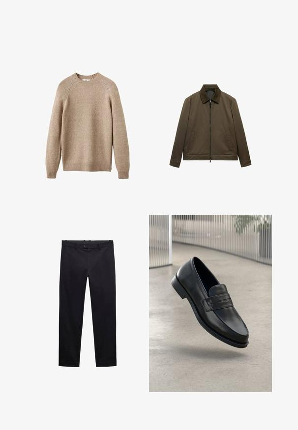 Olivově zelená bunda s hladkým, matným povrchem. Má zipové zapínání, límec a dvě přední kapsy. Jednoduchý, rovný střih.; Beige pletený svetr s kulatým výstřihem, žebrovanými manžetami a lemem. Má texturovaný povrch a raglánové rukávy. Klasický střih.; Černé kalhoty vyrobené z lehké látky. Mají rovné nohavice, poutka na opasek, zapínání na knoflík a kapsy. Hladká textura bez vzorů.; Černá kožená mokasína s hladkou texturou, špičatou špičkou a ozdobným páskem přes nárt. Lehká podrážka, minimalistický design.