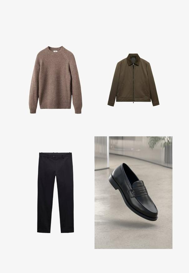 Jachetă de culoare verde măsliniu cu o textură netedă, mată. Dispune de închidere cu fermoar, guler și două buzunare frontale. Design simplu, cu croi drept.; Pulover tricotat maro cu gât rotund, manșete și tiv cu benzi. Prezintă un model texturat și mâneci raglan fără cusături.; Pantaloni negri dintr-un material ușor. Au picioare drepte, curea, închidere cu nasture și buzunare. Textură netedă, fără modele.; Mocasini negri din piele cu textură fină, vârf ascuțit și o curea decorativă peste laba piciorului. Talpă ușoară, design minimalist.