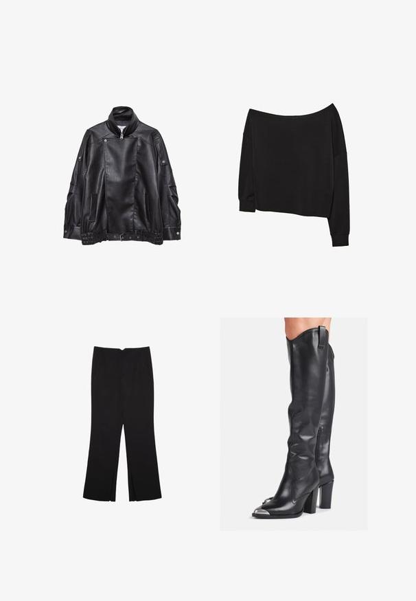 Černá kožená motorkářská bunda s vysokým límcem, asymetrickým předním zipem, detaily na patentky, bočními kapsami a nastavitelným páskem na lemu.; Černý top s dlouhým rukávem a volným střihem, které se nosí přes ramena; měkká bavlněná směs; široký výstřih; volné rukávy; patentové manžety a lem.; Černé kalhoty s rovným střihem, s předními kapsami a bočními rozparky na lemu. Vyrobené z jemné, hladké tkaniny. Vhodné na různé příležitosti.; Černé kožené kozačky po kolena s elegantním designem, špičatou špičkou, metalickými detaily a zipovým uzávěrem na vnitřní straně.