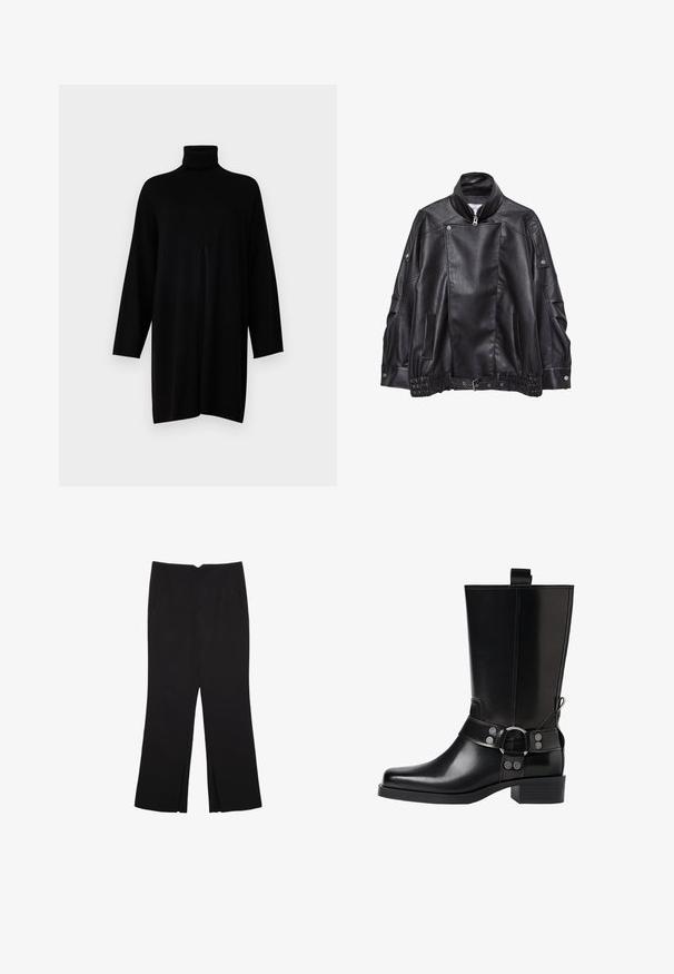 Musta nahkainen moottoripyöräjacketti, jossa on korkea kaulus, epäsymmetrinen etuvetoketju, nepparidetaljit, sivutaskut ja säädettävä vyö helman kohdalla.; KNITID SPLIT PONCHO - Neule - black; Mustat housut suoralinjaisella leikkauksella, joissa on etutaskut ja sivurei'ät helman alla. Valmistettu pehmeästä ja sileästä kankaasta. Sopii eri tilaisuuksiin.; Musta nahkasaapas polven yläpuolelle, jossa on terävä kärki, hopeiset solkiyksityiskohdat ja paksu korko. Varustettu vetotapilla helppoa pukemista varten.