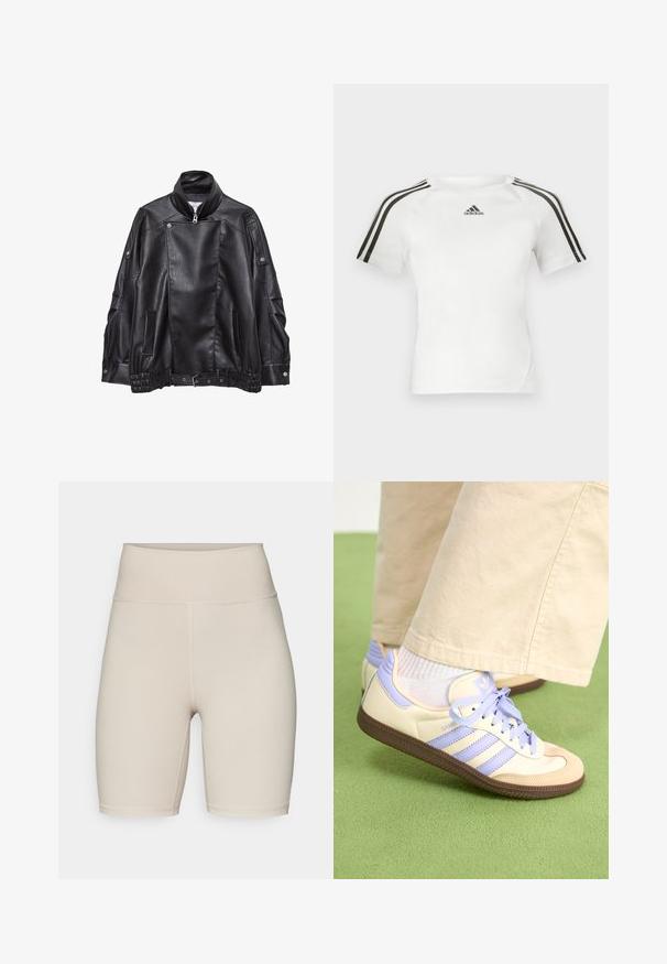 Černá kožená motorkářská bunda s vysokým límcem, asymetrickým předním zipem, detaily na patentky, bočními kapsami a nastavitelným páskem na lemu.; Bílý sportovní triko s krátkým rukávem, s černým třemi pruhy na ramenou, hladkou texturou a malým černým logem adidas na hrudi.; adidas Performance ALL ME ESSENTIALS SHORT LEGGINGS - Punčochy - beige; Krémové a levandulové tenisky se třemi pruhy a texturovanou hnědou podrážkou, vybavené tkaničkami a polstrovanou patou. Měkký textilní svršek.