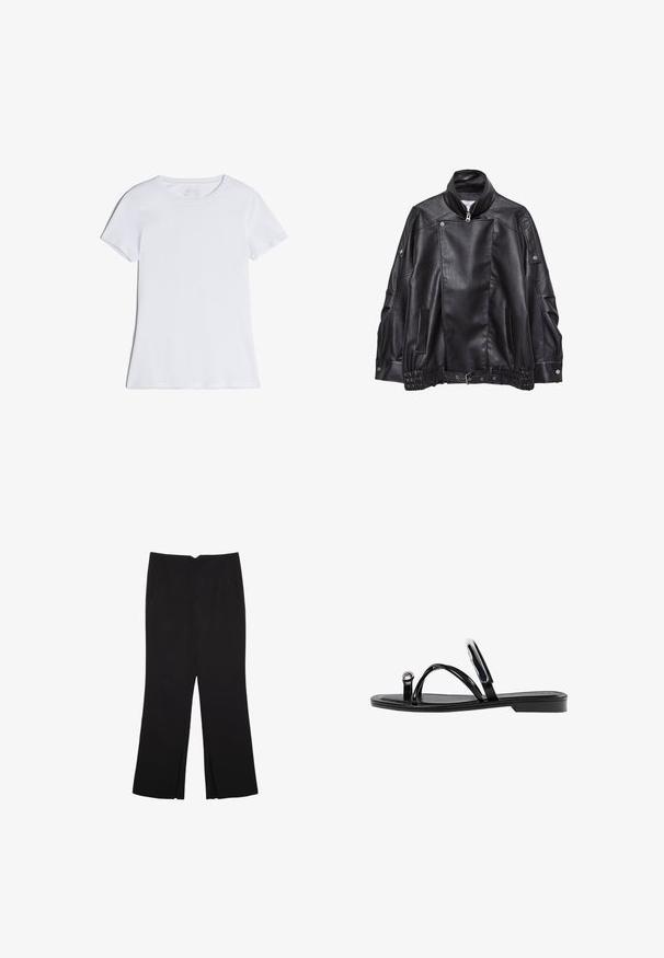 Black leather biker jacket with high collar, asymmetric front zip, snap-button details, side pockets, and adjustable belt at hem.; White short-sleeve t-shirt made from soft cotton. Round neckline, regular fit, smooth texture with no patterns or embellishments.; Black trousers with a straight fit, featuring front pockets and side slits at the hem. Made of soft, smooth fabric. Suitable for various occasions.; Black flat sandals featuring a glossy finish, three thin straps, and a circular hardware detail at the toe. Sleek design with a minimal heel.