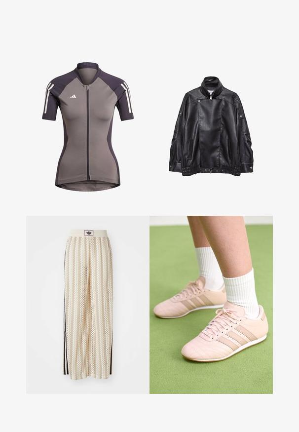 Crna kožna biker jakna s visokim ovratnikom, asimetričnim prednjim zatvaračem, detaljima na gumb, bočnim džepovima i podesivim remenom na rubu.; Majica za biciklistiku kratkih rukava u sivoj boji s tamnoljubičastim detaljima, prednjim zatvaračem i bijelim prugama na ramenima. Izrađena od rastezljivog materijala.; Pantalone širokog kroja krem boje s zigzag uzorkom, koji sadrži sivi pojas s crnim logotipom i bočne crne pruge. Lagani, teksturirani materijal.; Svijetloružičaste atletske tenisice s dijagonalnim šavovima, bijelim potplatima i tri bočne pruge. Nanosene s rebrastim bijelim čarapama na zelenoj površini.