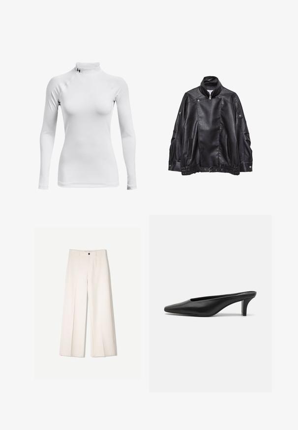 Čierna kožená motorkárska bunda s vysokým golierom, asymetrickým predným zipsom, detailami so zapínaním na patentky, bočnými vreckami a nastaviteľným opaskom na leme.; Dlhý rukáv bielej športovej košele s vysokým golierom, vyrobenej z hladkej, elastickej látky; má raglánové rukávy a malé čierne logo.; Krémové široké nohavice s nohavicami na mieru, s dvoma prednými vreckami a jedným predným zapínaním na gombík, vyrobené z hladkej tkaniny.; Čierne kožené špicaté muly s nízkym stiletto podpätkom. Hladká textúra, minimalistický dizajn a otvorená zadná časť pre jednoduché obúvanie.