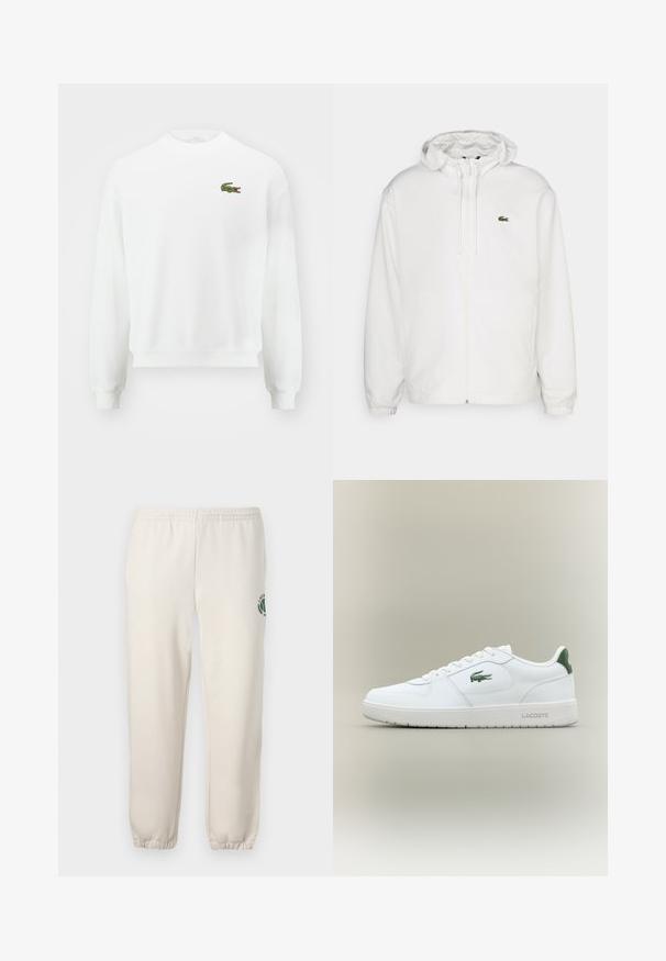Chaqueta blanca con cremallera y capucha, con puños elásticos y cordones. Presenta un pequeño logotipo verde de Lacoste en el lado izquierdo del pecho. Textura suave.; Sudadera blanca con cuello redondo, que presenta un pequeño logo de cocodrilo bordado en verde en el lado izquierdo del pecho y puños y dobladillo acanalados.; Pantalones de chándal de color beige claro, hechos de algodón, con una cinturilla elástica, puños acanalados y un logo verde con diseño de hoja en la pierna izquierda.; Zapatilla de cuero blanca con un acabado suave, acentos verdes en el talón y un logotipo verde en el lateral. Presenta una suela plana y una puntera redonda.