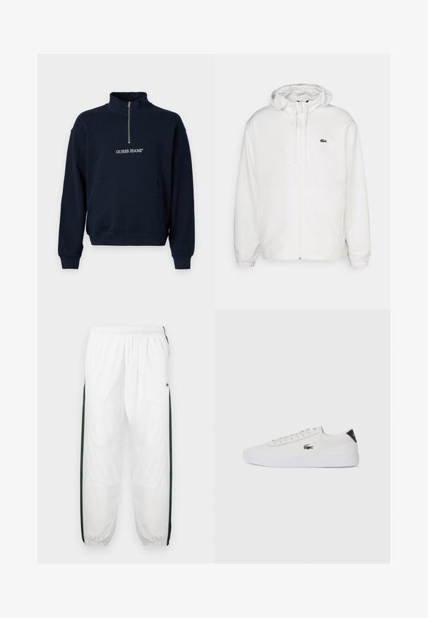 Chaqueta blanca con cremallera y capucha, con puños elásticos y cordones. Presenta un pequeño logotipo verde de Lacoste en el lado izquierdo del pecho. Textura suave.; Sudadera de forro polar azul marino con media cremallera y cuello alto, que cuenta con un bolsillo delantero tipo canguro y el logotipo "GUESS JEANS" en bordado blanco.; Pantalones de chándal blancos con paneles laterales de color verde oscuro. Material ligero, cinturilla elástica y dobladillos con puños. Presenta textura de malla en los paneles laterales.; Zapatilla de cuero blanca con punta redonda, parte frontal con cordones y acento negro en el talón. Presenta un pequeño logo de cocodrilo bordado en el lateral.