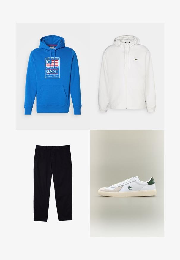 Chaqueta blanca con cremallera y capucha, con puños elásticos y cordones. Presenta un pequeño logotipo verde de Lacoste en el lado izquierdo del pecho. Textura suave.; Sudadera azul de tela suave, con un bolsillo canguro frontal, capucha con cordón y un logotipo gráfico central con texto en rojo y blanco.; Pantalones negros de algodón con diseño de pierna recta, que cuentan con cierre de botón, bolsillos laterales y una textura suave.; Zapatilla blanca con acentos verdes, materiales de ante y cuero, punta redondeada, suela texturizada y logotipo bordado en el lateral y en la lengüeta.