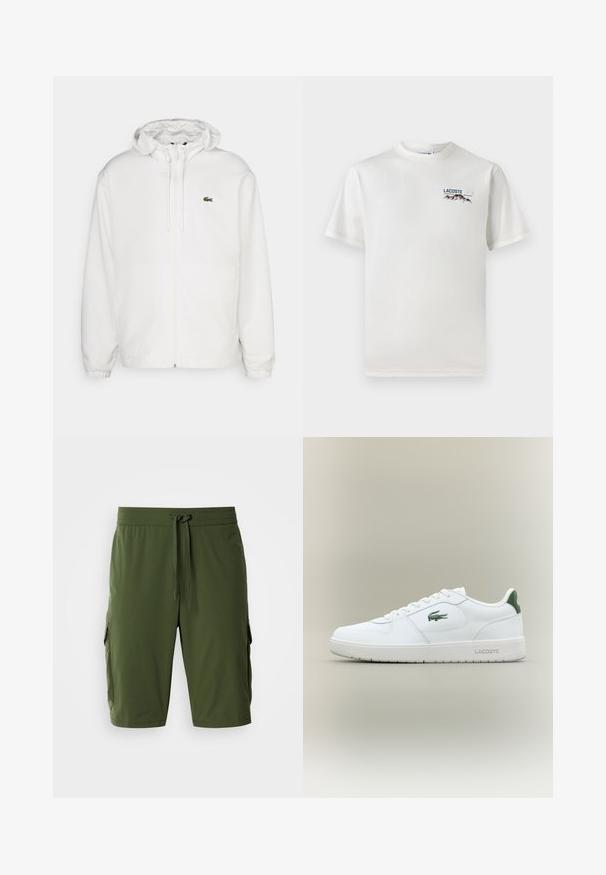 Chaqueta blanca con cremallera y capucha, con puños elásticos y cordones. Presenta un pequeño logotipo verde de Lacoste en el lado izquierdo del pecho. Textura suave.; Camiseta de algodón blanca con cuello redondo, mangas cortas y un pequeño logotipo bordado que presenta montañas y texto en el lado izquierdo del pecho.; Pantalones cortos de carga en color verde oliva con cintura elástica, cordón ajustable y bolsillos laterales para almacenamiento. Tela suave, corte a la altura de la rodilla.; Zapatilla de cuero blanca con un acabado suave, acentos verdes en el talón y un logotipo verde en el lateral. Presenta una suela plana y una puntera redonda.