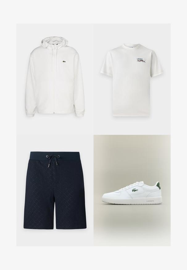 Chaqueta blanca con cremallera y capucha, con puños elásticos y cordones. Presenta un pequeño logotipo verde de Lacoste en el lado izquierdo del pecho. Textura suave.; Camiseta de algodón blanca con cuello redondo, mangas cortas y un pequeño logotipo bordado que presenta montañas y texto en el lado izquierdo del pecho.; Pantalones cortos azul marino con un patrón texturizado, cinturilla elástica y cordón. Presenta bolsillos laterales y un ajuste holgado para mayor comodidad.; Zapatilla de cuero blanca con un acabado suave, acentos verdes en el talón y un logotipo verde en el lateral. Presenta una suela plana y una puntera redonda.