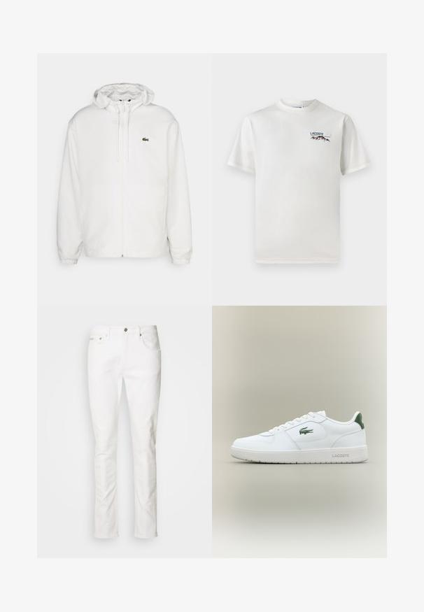 Chaqueta blanca con cremallera y capucha, con puños elásticos y cordones. Presenta un pequeño logotipo verde de Lacoste en el lado izquierdo del pecho. Textura suave.; Camiseta de algodón blanca con cuello redondo, mangas cortas y un pequeño logotipo bordado que presenta montañas y texto en el lado izquierdo del pecho.; Vaqueros de mezclilla blanca con un diseño de pierna recta, estilo de cinco bolsillos, que presentan un cierre de botón metálico y detalles de costura sutiles.; Zapatilla de cuero blanca con un acabado suave, acentos verdes en el talón y un logotipo verde en el lateral. Presenta una suela plana y una puntera redonda.