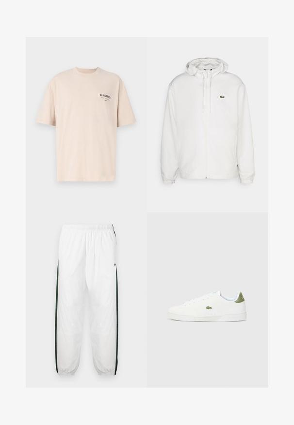 Chaqueta blanca con cremallera y capucha, con puños elásticos y cordones. Presenta un pequeño logotipo verde de Lacoste en el lado izquierdo del pecho. Textura suave.; Camiseta de algodón beige con mangas cortas, cuello redondo y un pequeño logo negro "ALLSAINTS" en la parte izquierda del pecho. Textura suave.; Pantalones de chándal blancos con paneles laterales de color verde oscuro. Material ligero, cinturilla elástica y dobladillos con puños. Presenta textura de malla en los paneles laterales.; Zapatillas blancas con una textura suave, que presentan un acento verde en el talón y un pequeño logo de cocodrilo bordado en el lateral.