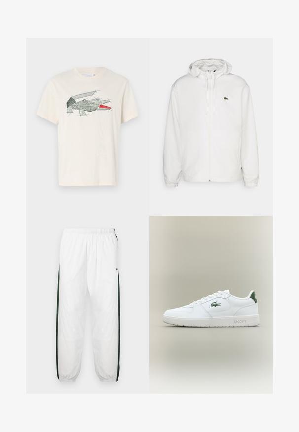 Chaqueta blanca con cremallera y capucha, con puños elásticos y cordones. Presenta un pequeño logotipo verde de Lacoste en el lado izquierdo del pecho. Textura suave.; Camiseta crema de algodón con un diseño de bordado abstracto en verde y rojo. Manga corta y escote redondo.; Pantalones de chándal blancos con paneles laterales de color verde oscuro. Material ligero, cinturilla elástica y dobladillos con puños. Presenta textura de malla en los paneles laterales.; Zapatilla de cuero blanca con un acabado suave, acentos verdes en el talón y un logotipo verde en el lateral. Presenta una suela plana y una puntera redonda.