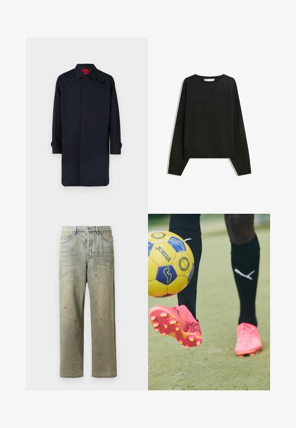 Palton bleumarin cu croială dreaptă, închidere cu nasturi și mâneci suflecate. Confecționat din material neted, cu design clasic al gulerului.; Pulover negru tricotat, cu guler rotund, manșete și tiv cu nervuri. Designul este drept, cu umeri căzuți pentru o croială lejeră.; Jeans din denim uzat, de culoare verde deschis, cu un croi drept, design cu cinci buzunare, și decolorare inegală cu stropi de vopsea.; Tăietor de fotbal roz cu suprafață texturată și crampoane proeminente, detaliu de logo reliefat, poziționat deasupra unei mingi galbene pe gazon verde.