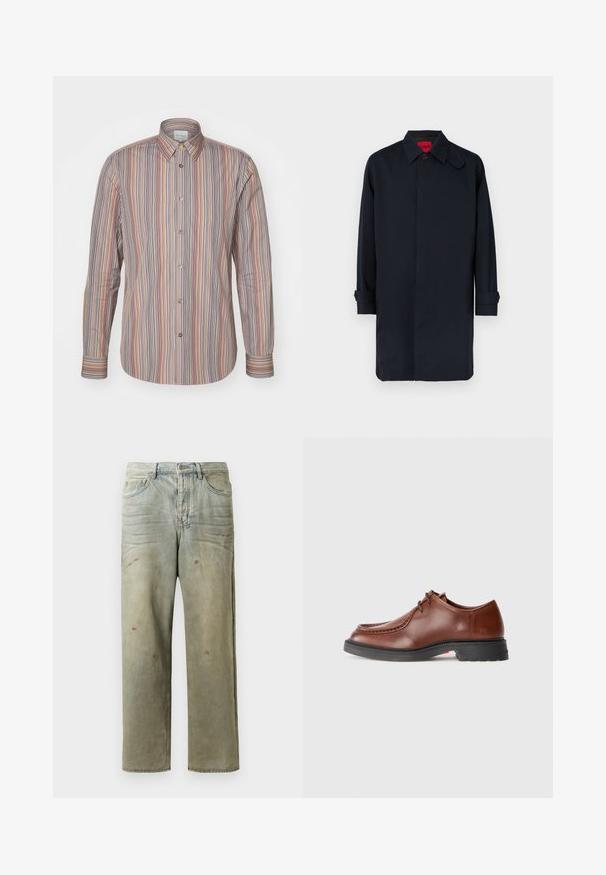 Laivastonsininen takki, suoralahkeinen, napillinen ja käärityillä hihoilla. Valmistettu sileästä kankaasta, klassisella kauluksella.; Beige turtleneck-neule, joka on valmistettu pehmeästä neulosmateriaalista. Ominaisuuksiin kuuluvat pitkät hihat ja tiukka muotoilu. Ribperoitu helma ja kauluskoristeet.; Raitapaita, jossa on pystysuoria viivoja eri väreissä. Pitkät hihat, klassinen kaulus ja sileä kangas.; Vaaleanvihreät kulutetut farkut suoran lahkeen, viiden taskun muotoilun ja epätasaisen haalistumisen sekä maalikohoumiin kanssa.; Ruske nahkasaapad ümmarguse varbaga, kontrastsete õmblustega, nööriga sulgemisega disain ja tekstuuriga must kummist tallaga.