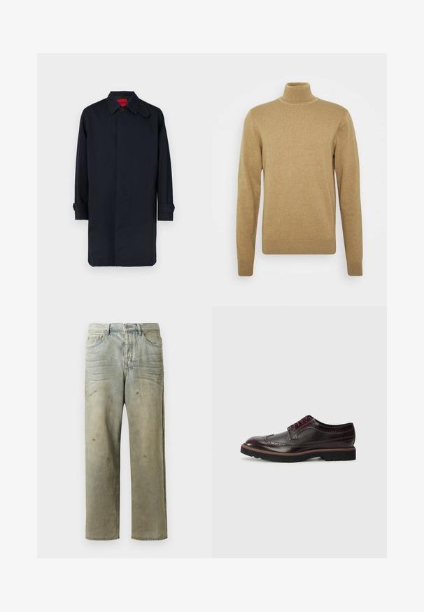 Marineblauwe jas met een rechte snit, knoopsluiting en opgerolde mouwen. Gemaakt van gladde stof met een klassiek kraagontwerp.; Beige coltrui gemaakt van zachte gebreide stof. Kenmerken zijn lange mouwen en een aansluitend ontwerp. Geribbelde zoom en kraagaccenten.; Verweerde denim jeans in lichtgroen, met een rechte pijp, vijf-pocket ontwerp en ongelijkmatige vervaging met verfspatten.; Bruine leren brogues met geperforeerde details, een ronde neus, textielaccenten en een zwarte rubberen loopzool met een gekleurde rand.