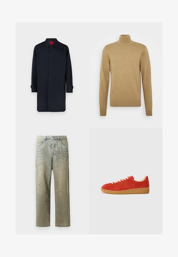 Marineblauer Mantel mit geradem Schnitt, Knopfverschluss und hochgekrempelten Ärmeln. Hergestellt aus glattem Stoff mit klassischem Kragen.; Beiger Rollkragenpullover aus weichem Strickstoff. Mit langen Ärmeln und taillierter Passform. Gerippter Saum und Kragenakzente.; Distressed Denim-Jeans in Hellgrün, mit geradem Bein, Fünf-Taschen-Design und ungleichmäßiger Ausbleichung sowie Farbspritzern.; Rote Wildleder-Sneaker mit weißen Schnürsenkeln, hellbrauner Gummisohle und goldener Branding auf der Seite. Abgerundete Spitze und flaches Design.