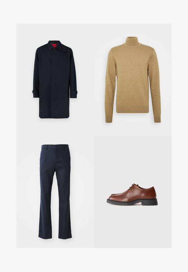 Granatowy płaszcz o prostym kroju, zapinany na guziki, z podwiniętymi rękawami. Wykonany z gładkiej tkaniny, z klasycznym kołnierzem.; Beżowy sweter z golfem wykonany z miękkiej dzianiny. Posiada długie rękawy oraz dopasowany krój. Prążkowane wykończenie u dołu i przy golfie.; Granatowe, rozszerzane spodnie wykonane z lekkiego materiału, z pojedynczym zapięciem na guzik i przednimi kieszeniami, charakteryzujące się gładką teksturą.; Brązowe skórzane buty wizytowe z okrągłym noskiem, kontrastowym przeszyciem, sznurowanym zapięciem oraz teksturowaną czarną gumową podeszwą.