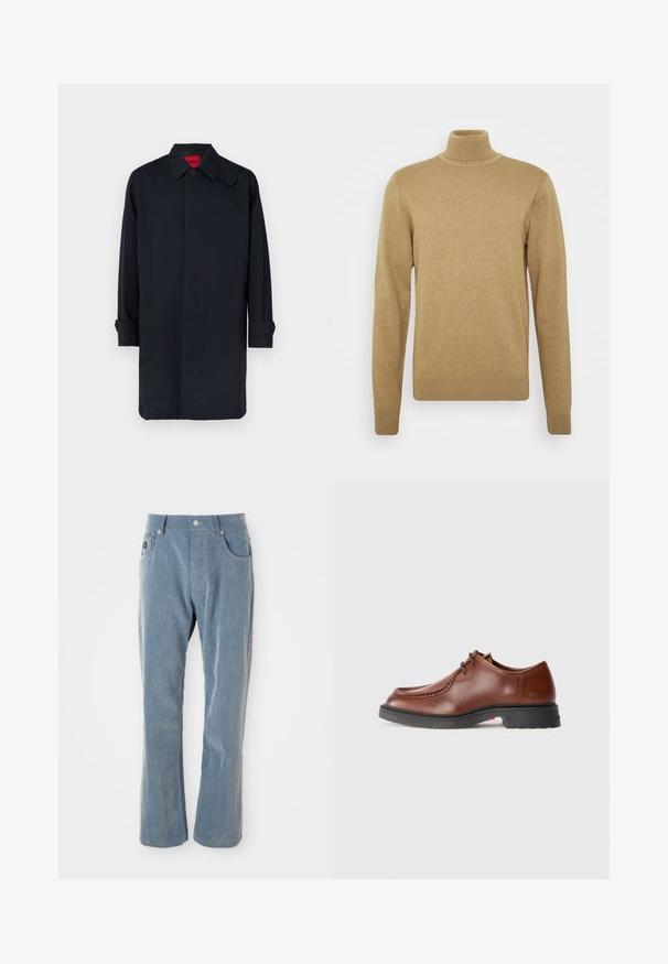 Tmavě modrý kabát se střihem na rovno, zapínáním na knoflíky a vyhrnovacími rukávy. Vyrobený z hladké látky s klasickým límcem.; Beige rolák vyrobený z měkké pleteniny. Má dlouhé rukávy a přiléhavý střih. Hlavními prvky jsou vroubkovaný lem a límec.; Světle modré kordové kalhoty s knoflíkovým a zipovým zapínáním, předními kapsami a rovnými nohavicemi na bílém pozadí.; Hnědé kožené společenské boty s kulatou špičkou, kontrastním prošíváním, šněrovacím designem a texturovanou černou gumovou podrážkou.