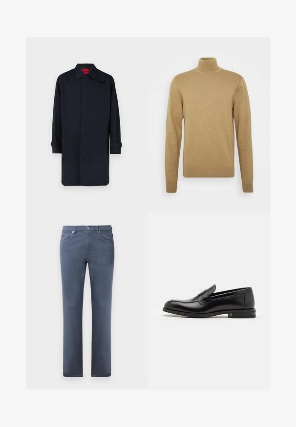 Tmavě modrý kabát se střihem na rovno, zapínáním na knoflíky a vyhrnovacími rukávy. Vyrobený z hladké látky s klasickým límcem.; Beige rolák vyrobený z měkké pleteniny. Má dlouhé rukávy a přiléhavý střih. Hlavními prvky jsou vroubkovaný lem a límec.; Šedé džíny z denimového materiálu se střihem rovného řezu, pěti kapsami a kovovým zapínáním na knoflík. Obsahují jemné prošívání a malou nášivku s logem.; Černé kožené polobotky s hladkou texturou, zaoblenou špičkou a zdobným páskem přes nárt. Nízký stohovaný podpatek, minimalistický design.