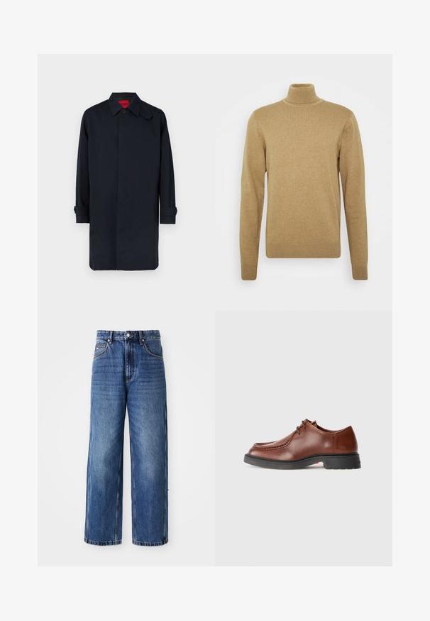 Casaco azul-marinho de corte reto, com fecho de botões e mangas arregaçadas. Feito em tecido liso com design clássico de gola.; Sweater bege de gola alta feito de um tecido de malha suave. Apresenta mangas longas e um design ajustado. Acabamentos com bainha e gola canelados.; Jeans de ganga azul de perna larga com uma cintura alta, costura visível, fecho frontal com botão e ajuste solto, apresentando um efeito desbotado e bolsos laterais.; Sapato de vestir de couro castanho com bico arredondado, costura em contraste, design com atacadores e sola de borracha preta texturizada.