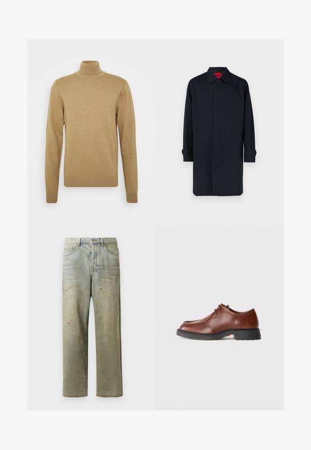 Navy blue coat with a straight cut, button closure, and rolled-up sleeves. Made from smooth fabric with a classic collar design.; Beige turtleneck sweater made of soft knit fabric. Features long sleeves and a fitted design. Ribbed hem and collar accents.; Distressed denim jeans in light green, featuring a straight leg, five-pocket design, and uneven fading with paint splatters.; Brown leather dress shoe with a rounded toe, contrasting stitching, lace-up design, and a textured black rubber sole.