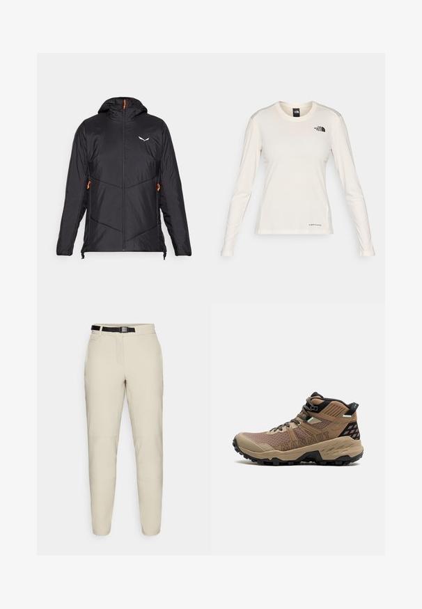 Salewa PUEZ CATINACCIO JACKET - Outdoorjacke - black out; The North Face SHADOW LONG SLEEVE - Langarmshirt - white dune; Beige Hosen mit schmalem Schnitt, aus einem glatten Stoff, mit einem verstellbaren schwarzen Bund und seitlichen Taschen.; Hochschnittige Wanderschuhe aus braunem Synthetikmaterial mit strukturiertem Mesh, schwarzen Akzenten und einer robusten Sohle, die für Traktion ausgelegt ist.