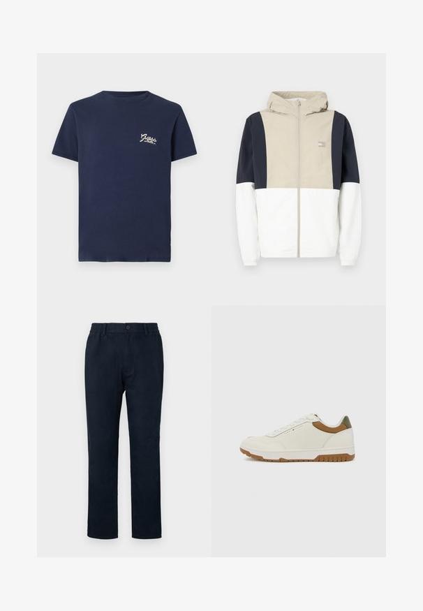 Color-blocked jacket featuring a beige upper section, navy sleeves, and white lower half. Includes a hood and front zipper. Lightweight material.; Navy blue short-sleeve t-shirt with small white "Guess Los Angeles, CA" logo on left chest against white background.; Navy chinos with an elastic waistband, a front button closure, and a straight leg design. Smooth texture with no visible patterns.; Tommy Hilfiger BASKET CORE - Trainers - ecru/army green