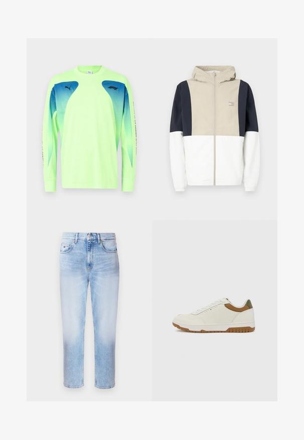 Color-blocked jacket featuring a beige upper section, navy sleeves, and white lower half. Includes a hood and front zipper. Lightweight material.; Lime green long-sleeve athletic shirt with blue gradient mesh panels, featuring ribbed cuffs and a black logo on the chest and sleeve.; Light blue denim jeans featuring a straight-leg cut, five-pocket design, and a button closure. Faded texture is evident across the fabric.; Tommy Hilfiger BASKET CORE - Trainers - ecru/army green