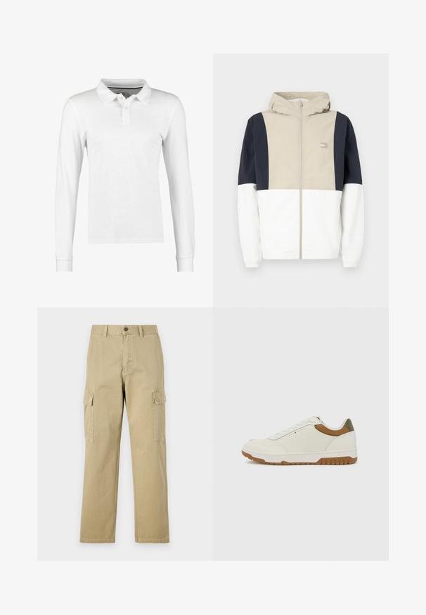 Farbenblockierte Jacke mit einem beigen Oberteil, marineblauen Ärmeln und einem weißen unteren Abschnitt. Mit Kapuze und Frontreißverschluss. Leichtes Material.; Langarm-Poloshirt aus weißer Baumwolle mit einem kragenförmigen Halsausschnitt, einer Knopfleiste mit drei Knöpfen und einer schlichten Struktur ohne Muster oder Verzierungen.; Beige Cargo-Hosen aus Baumwolle, mit zwei Seitentaschen, einem Knopfverschluss und geraden Beinen aus einem leicht strukturierten Stoff.; Tommy Hilfiger BASKET CORE - Sneaker low - ecru/army green