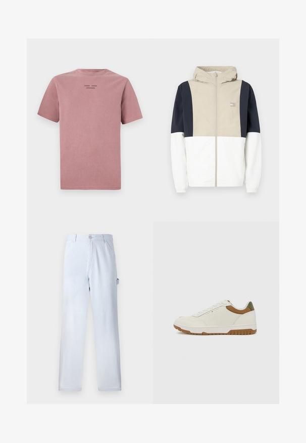 Farbenblockierte Jacke mit einem beigen Oberteil, marineblauen Ärmeln und einem weißen unteren Abschnitt. Mit Kapuze und Frontreißverschluss. Leichtes Material.; T-Shirt mit kurzen Ärmeln in staubigem Rosé, aus weicher Baumwolle. Mit Rundhalsausschnitt und kleinem schwarzem Logo auf der Rückseite. Einfaches Design.; Helle blau gestreifte Hose aus Baumwolle. Gerades Bein-Design, mit einem vorderen Knopfverschluss und Seitentaschen. Weicher Stoff.; Tommy Hilfiger BASKET CORE - Sneaker low - ecru/army green