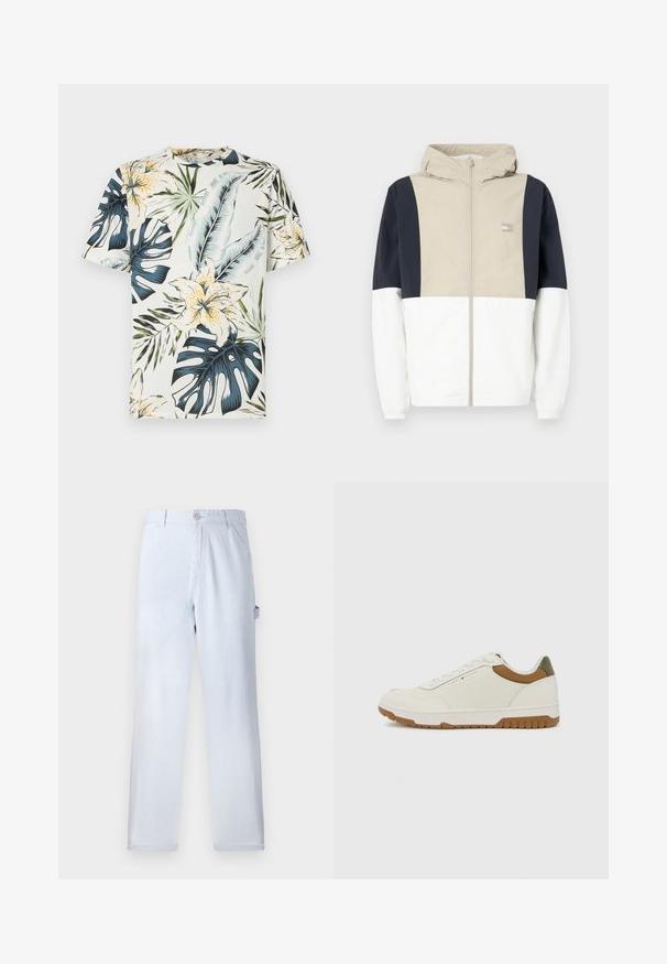 Kurtka w kolorach blokowych z beżową górną częścią, granatowymi rękawami i białym dolnym fragmentem. Posiada kaptur oraz zamek z przodu. Wykonana z lekkiego materiału.; Koszulka z krótkim rękawem z lekkiego materiału, z tropikalnym nadrukiem kwiatów i liści w kolorach zielonym, niebieskim i żółtym na kremowym tle.; Jasnoniebieskie spodnie w paski, wykonane z bawełny. Prosty krój nogawki, z zapięciem na guzik z przodu i kieszeniami bocznymi. Miękka tekstura.; Tommy Hilfiger - Sneakersy niskie