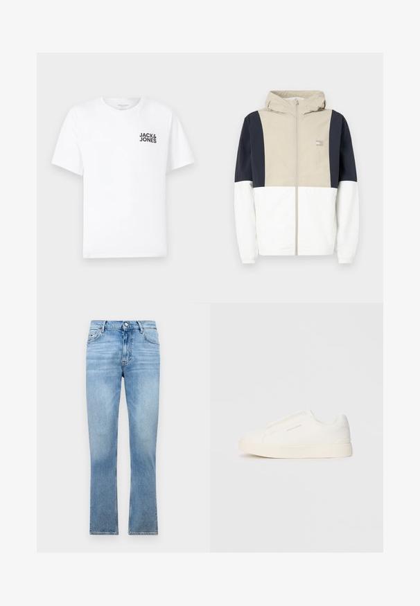 Barevně blokovaná bunda s béžovou horní částí, námořnickými rukávy a bílým spodním dílem. Obsahuje kapuci a přední zip. Lehký materiál.; Bílý bavlněný tričko, krátké rukávy, kulatý výstřih. Obsahuje černý textový logo "JACK & JONES" na levé straně hrudníku. Jednoduchý, hladký design.; Tommy Jeans DAD REGULAR - Džíny Relaxed Fit - denim light; Bílé slip-on tenisky s texturovaným povrchem, silnou podešví a minimalistickým designem. Na boku je umístěno logo značky.