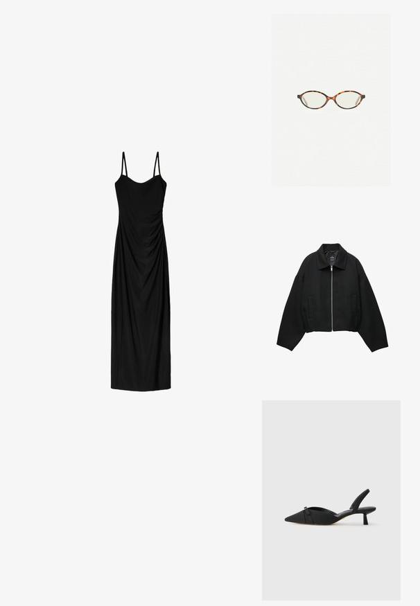 Jachetă scurtă neagră dintr-un material texturat, cu închidere frontală cu fermoar, mâneci largi și două buzunare laterale.; Rochie midi neagră cu bretele subțiri ajustabile, având un design drapat și o textură netedă. Fără modele vizibile sau aplicații.; Pantofi cu toc slingback negri, cu vârf ascuțit, superior din țesătură, detaliu cu fundă pe fața pantofului și toc jos, cilindric.; Ochelari cu ramă din tartan, cu lentile ovale și un finisaj elegant, neted. Prezintă margini subțiri cu o curbură subtilă la tâmple. Lentile clare.