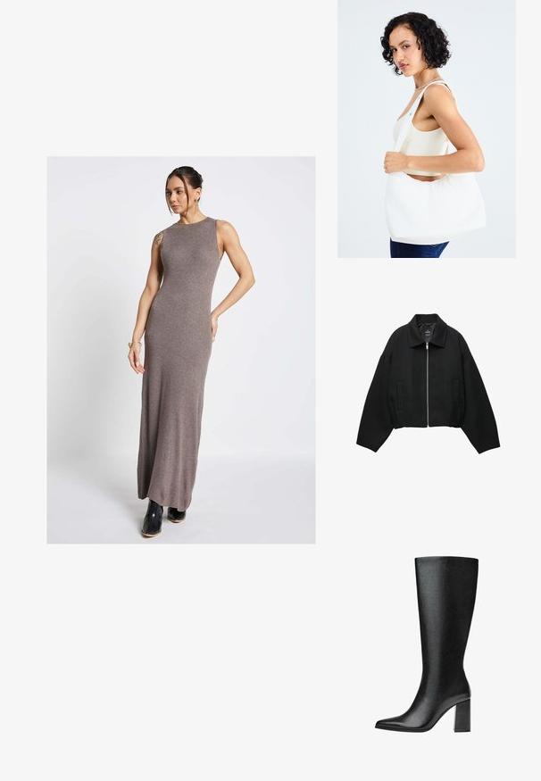 Črna krajša jakna iz teksturiranega materiala, s sprednjim zadrgo, širokimi rokavi in dvema stranskima žepoma.; Maksi obleka iz mehke, rebraste tkanine, v zemeljskem taupe odtenku. Ima visok ovratnik in oprijet silhueto, v kombinaciji s črnimi gležnjarji.; Črne škornje do kolen iz umetnega usnja s koničastim nosom, gladko teksturo in debelim blok peto. Minimalistična zasnova brez vidnih dodatkov.; Bela torba za ramena, izdelana iz gladkega materiala, z ovalnim izrezom in širokim trakom. Preprosta in sodobna, brez vidnih kovinskih delov.